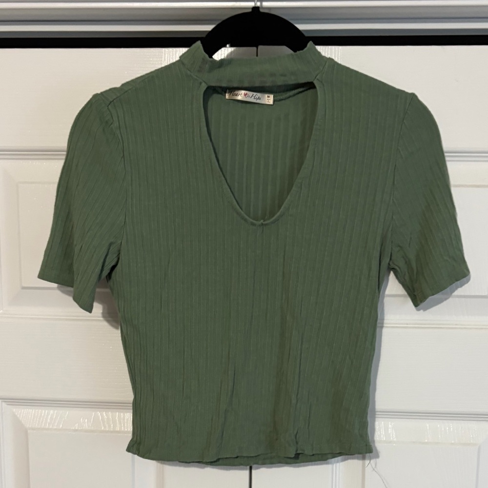 Heart Hips Olive Ribbed Crop Top with Choker Collar V Neck